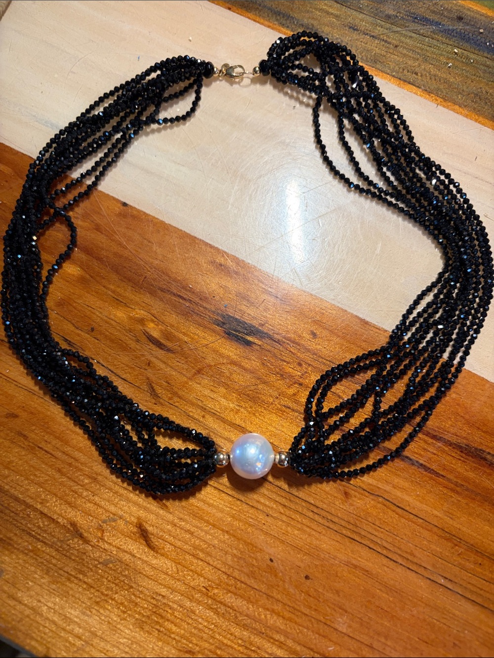 Estate Baroque Pearl 14k Beads Clasp Strands of Black Spinel Crystals